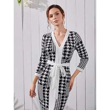 WDIRARA Women's Houndstooth Plaid V Neck Split Hem Belted Button Long Sleeve Bodycon Church Pencil Maxi Dress Multicolour S