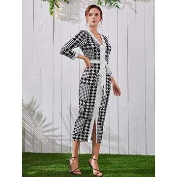 WDIRARA Women's Houndstooth Plaid V Neck Split Hem Belted Button Long Sleeve Bodycon Church Pencil Maxi Dress Multicolour S