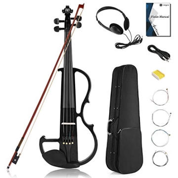 Vangoa Electric Violin Full Size 4/4 - Black Silent Electric Fiddle with Ebony Fittings, Beginner Ki...
