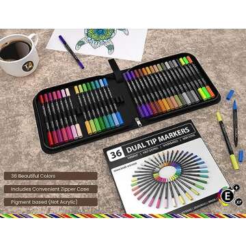 Dual Tip Brush Pens Double Sided Pigment Based(Non Acrylic) Brush Markers 36 Color Art Set with Zipper Case Flexible Brush and 0.4mm Fineliner - Coloring Journaling Lettering Drawing Sketching