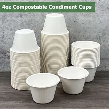CAMKYDE 4 oz Disposable Bagasse Fiber Souffle Cups 200pk, 100% Natural Biodegradable Compostable Condiment Cups Sample Cups Tasting Cups (White, Pack of 200)