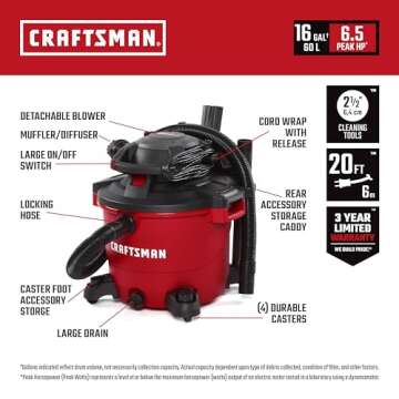 CRAFTSMAN CMXEVBE17607 16 Gallon Wet Dry Vac with Detachable Blower, Powerful Shop Vacuum for Garage...