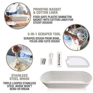 Breadsmart Artisan Bread Making Kit - 5PC Sourdough Bread Baking Supplies Set - Lame, Scraper, Whisk, Banneton Bread Proofing Basket & Cotton Liner