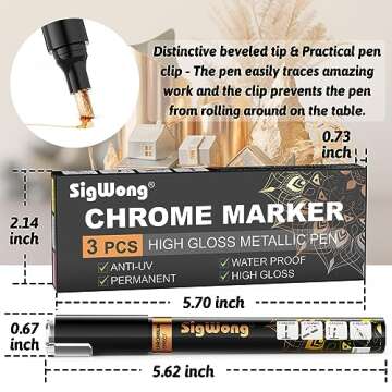 SigWong Liquid Mirror Chrome Markers - 3 Colors Gloss Permanent Reflective Mirror Chrome Pen for Resin Supplies, Metal Model, Glass, Plastic Painting, DIY Art Projects (2-3mm Tips)