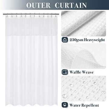 N&Y HOME Waffle Weave Shower Curtain with Snap-in Fabric Liner Set, 12 White Hooks Included - Hotel Style, Waterproof & Washable, Heavyweight Fabric & Mesh Top Window - 71x72, White