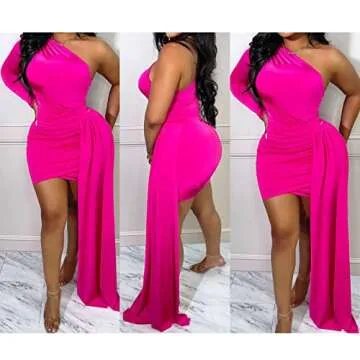 kaimimei Women’s Party Mini Dress Elegant One Shoulder Long Sleeve Sexy Ruched Bodycon Cocktail Dress Wrap Dresses Rose S