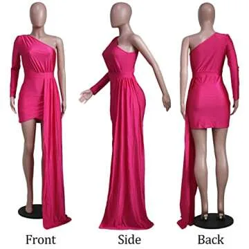 kaimimei Women’s Party Mini Dress Elegant One Shoulder Long Sleeve Sexy Ruched Bodycon Cocktail Dress Wrap Dresses Rose S
