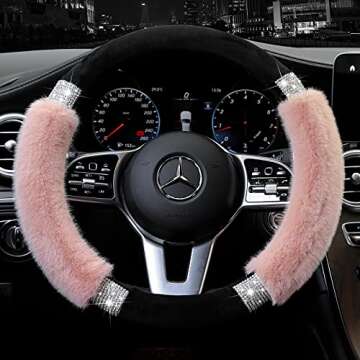Achiou Rhinestone Fluffy Steering Wheel Cover - Comfortable Non-Slip Luxury Faux Wool, Universal Fit...