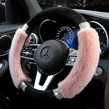 Achiou Rhinestone Fluffy Steering Wheel Cover - Comfortable Non-Slip Luxury Faux Wool, Universal Fit for 14.5" to 15" Steering Wheels