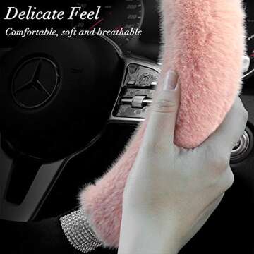 Achiou Rhinestone Fluffy Steering Wheel Cover - Comfortable Non-Slip Luxury Faux Wool, Universal Fit for 14.5" to 15" Steering Wheels