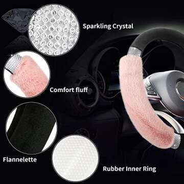 Achiou Rhinestone Fluffy Steering Wheel Cover - Comfortable Non-Slip Luxury Faux Wool, Universal Fit for 14.5" to 15" Steering Wheels