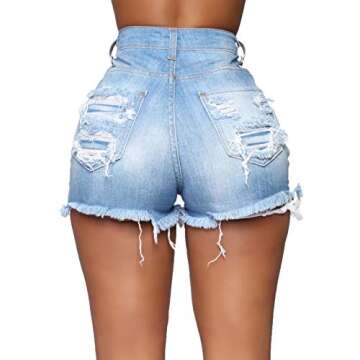 Tengo Women’s High Waisted Distressed Stretchy Denim Shorts Casual Short Jeans (LightBlue,S)