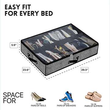Under Bed Shoe Storage Organizer-set Of 2 Fits Total 24 Pairs Shoe Organizer Under The Bed Containers Storage Solution With Clear Cover And Reinforced Handles and Strong Zipper