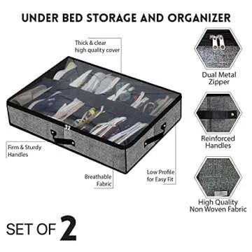 Under Bed Shoe Storage Organizer-set Of 2 Fits Total 24 Pairs Shoe Organizer Under The Bed Containers Storage Solution With Clear Cover And Reinforced Handles and Strong Zipper