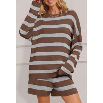 MEROKEETY Women's 2 Piece Sweater Lounge Sets Striped Long Sleeve Shorts Oversized Matching Outfits,...
