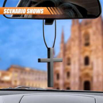 Cross Hanging Ornaments for Car Rear View Mirror, Cross Metal Car Rear View Mirror Charm, Auto Ornament Intercession, Cross Pendant Decoration for Car, Truck, Home Decor (Black)