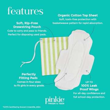Pinkie Period Starter Pads - Designed for Smaller Underwear - Organic Cotton Topsheet Tween & Teen Pads with Wings - Chlorine Free & Fragrance Free - Teen Small, 18 Count