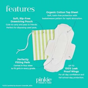Pinkie Period Starter Pads - Designed for Smaller Underwear - Organic Cotton Topsheet Tween & Teen Pads with Wings - Chlorine Free & Fragrance Free - Teen Small, 18 Count