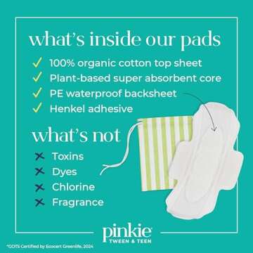 Pinkie Period Starter Pads - Designed for Smaller Underwear - Organic Cotton Topsheet Tween & Teen Pads with Wings - Chlorine Free & Fragrance Free - Teen Small, 18 Count