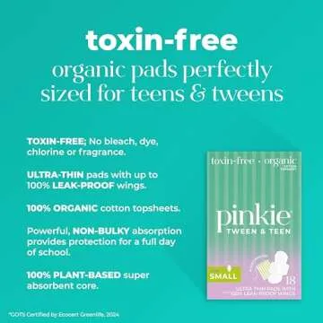 Pinkie Period Starter Pads - Designed for Smaller Underwear - Organic Cotton Topsheet Tween & Teen Pads with Wings - Chlorine Free & Fragrance Free - Teen Small, 18 Count