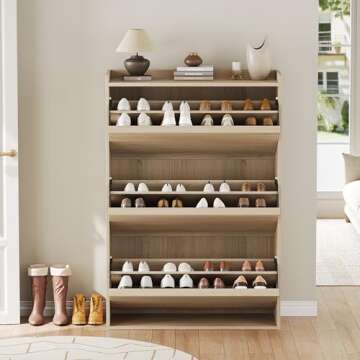 GarveeHome Shoe Cabinet with 3 Flip Drawers, Wooden Shoe Organizer Cabinet with Adjustable Shelf, Shoe Storage for Entryway, Hidden Shoe Cabinet for Hallway, Living Room, Natural