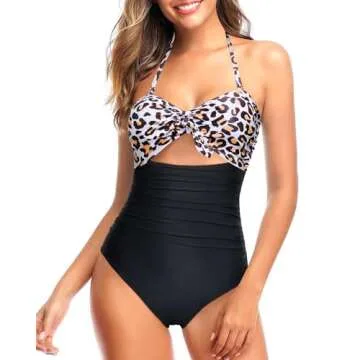 Tempt Me Women Leopard Black Sexy Cutout One Piece Swimsuits Tummy Control High Waisted Halter Front Tie Knot Bathing Suit M