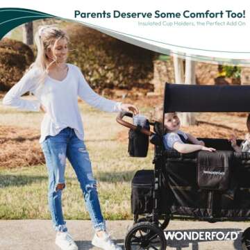 WONDERFOLD Parent Console Stroller Organizer with 4 Insulated Cup Holders, Hook and Loop Closure Handle Attachment, 2 Storage Pockets, and Removable Shoulder Strap for Easy Transport, Volcanic Black