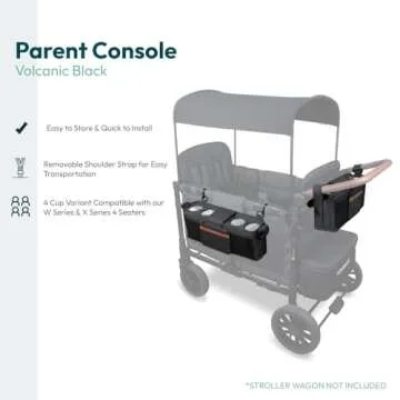 WONDERFOLD Parent Console Stroller Organizer with 4 Insulated Cup Holders, Hook and Loop Closure Handle Attachment, 2 Storage Pockets, and Removable Shoulder Strap for Easy Transport, Volcanic Black