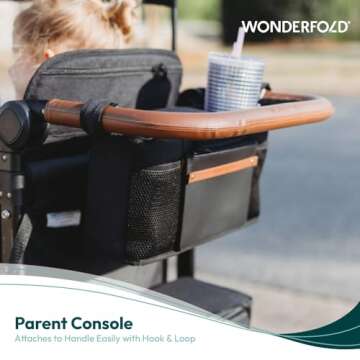 WONDERFOLD Parent Console Stroller Organizer with 4 Insulated Cup Holders, Hook and Loop Closure Handle Attachment, 2 Storage Pockets, and Removable Shoulder Strap for Easy Transport, Volcanic Black