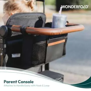 WONDERFOLD Parent Console Stroller Organizer with 4 Insulated Cup Holders, Hook and Loop Closure Handle Attachment, 2 Storage Pockets, and Removable Shoulder Strap for Easy Transport, Volcanic Black