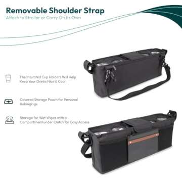 WONDERFOLD Parent Console Stroller Organizer with 4 Insulated Cup Holders, Hook and Loop Closure Handle Attachment, 2 Storage Pockets, and Removable Shoulder Strap for Easy Transport, Volcanic Black