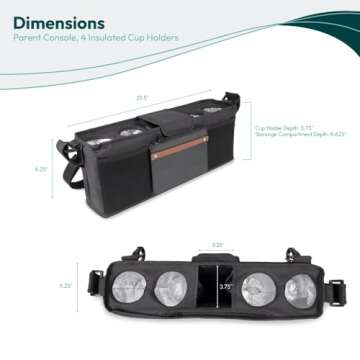 WONDERFOLD Parent Console Stroller Organizer with 4 Insulated Cup Holders, Hook and Loop Closure Handle Attachment, 2 Storage Pockets, and Removable Shoulder Strap for Easy Transport, Volcanic Black