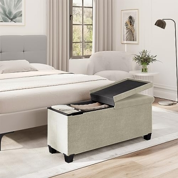 Beige Storage Ottoman Bench with Bins, 43-Inch Ideal for Living Room