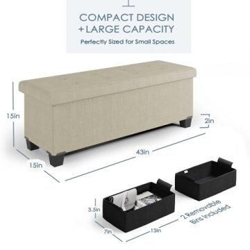Beige Storage Ottoman Bench with Bins, 43-Inch Ideal for Living Room