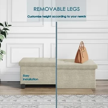 Beige Storage Ottoman Bench with Bins, 43-Inch Ideal for Living Room