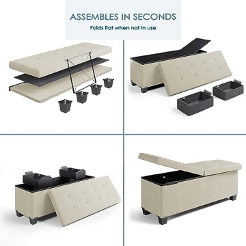 Beige Storage Ottoman Bench with Bins, 43-Inch Ideal for Living Room