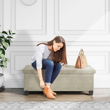 Beige Storage Ottoman Bench with Bins, 43-Inch Ideal for Living Room