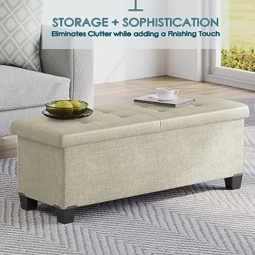 Beige Storage Ottoman Bench with Bins, 43-Inch Ideal for Living Room