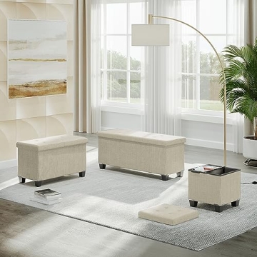 Beige Storage Ottoman Bench with Bins, 43-Inch Ideal for Living Room