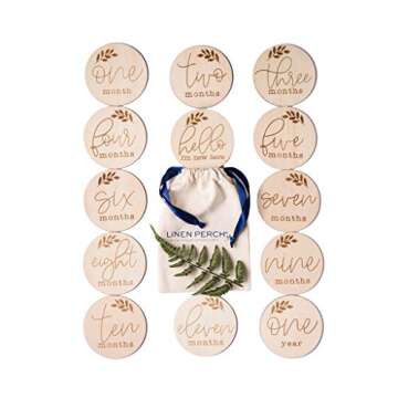 Linen Perch Monthly Milestone Discs- Wooden Milestone Cards - Newborn Baby Monthly Photo Props - Birth Announcement - Set of 13 Engraved Discs (4" Diameter) - Linen Gift Bag (English)
