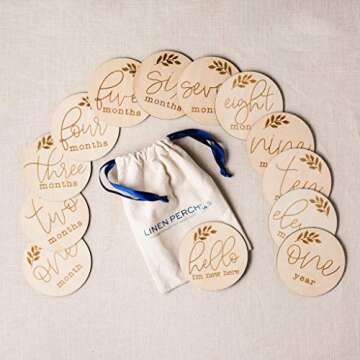 Linen Perch Monthly Milestone Discs- Wooden Milestone Cards - Newborn Baby Monthly Photo Props - Birth Announcement - Set of 13 Engraved Discs (4" Diameter) - Linen Gift Bag (English)