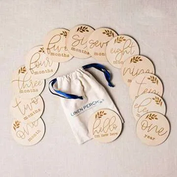 Linen Perch Monthly Milestone Discs- Wooden Milestone Cards - Newborn Baby Monthly Photo Props - Birth Announcement - Set of 13 Engraved Discs (4" Diameter) - Linen Gift Bag (English)