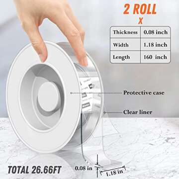 2 Pack Extra Large Double Sided Tape Heavy Duty Removable 1.18 Inch x 160 Inch, Clear & Tough Nano Tape, Multipurpose Mounting Tape Picture Hanging Strips Adhesive for Poster Carpet