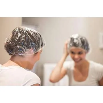 100 Disposable Clear Mop Mob Caps Clipped Hair Head Cover Shower Cap Plastic for Beauty Salon,Food Service,Hospitals,Laboratories,Manufacturing or Spray Tanning