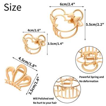 Purggy 3 Pack Large Metal Claw Clips for Mouse Ears Theme, Super Cute Theme Park Hair Clasps Accesso...
