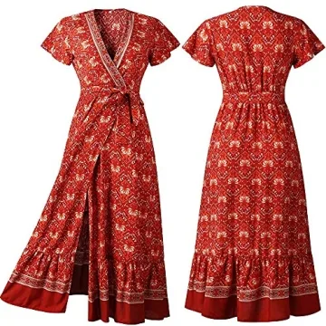 PRETTYGARDEN Boho Floral Maxi Wrap Dress for Women