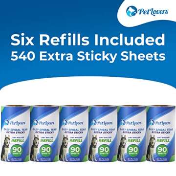 PetLovers Extra Sticky Lint Roller 6 Pack of Refills Only - No Handle Included - 90 Sheets Per Refill 540 Sheets Total