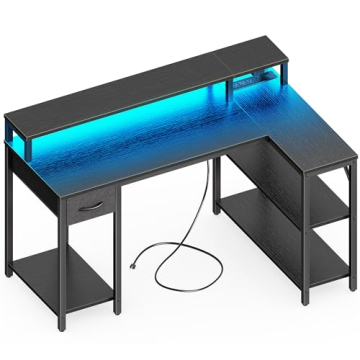 SUPERJARE 47 inch Reversible L Shaped Desk with LED Lights & Power Outlets, Computer Desk with Shelves & Monitor Stand, Gaming Desk with Drawer, Home Office Desk Corner Desk, Black