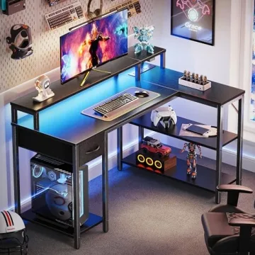 SUPERJARE 47 inch Reversible L Shaped Desk with LED Lights & Power Outlets, Computer Desk with Shelves & Monitor Stand, Gaming Desk with Drawer, Home Office Desk Corner Desk, Black