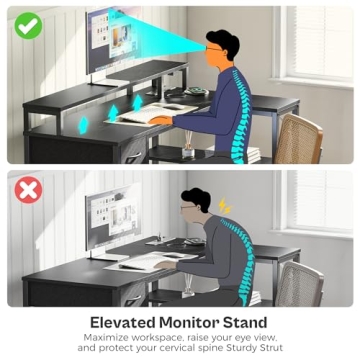 SUPERJARE 47 inch Reversible L Shaped Desk with LED Lights & Power Outlets, Computer Desk with Shelves & Monitor Stand, Gaming Desk with Drawer, Home Office Desk Corner Desk, Black